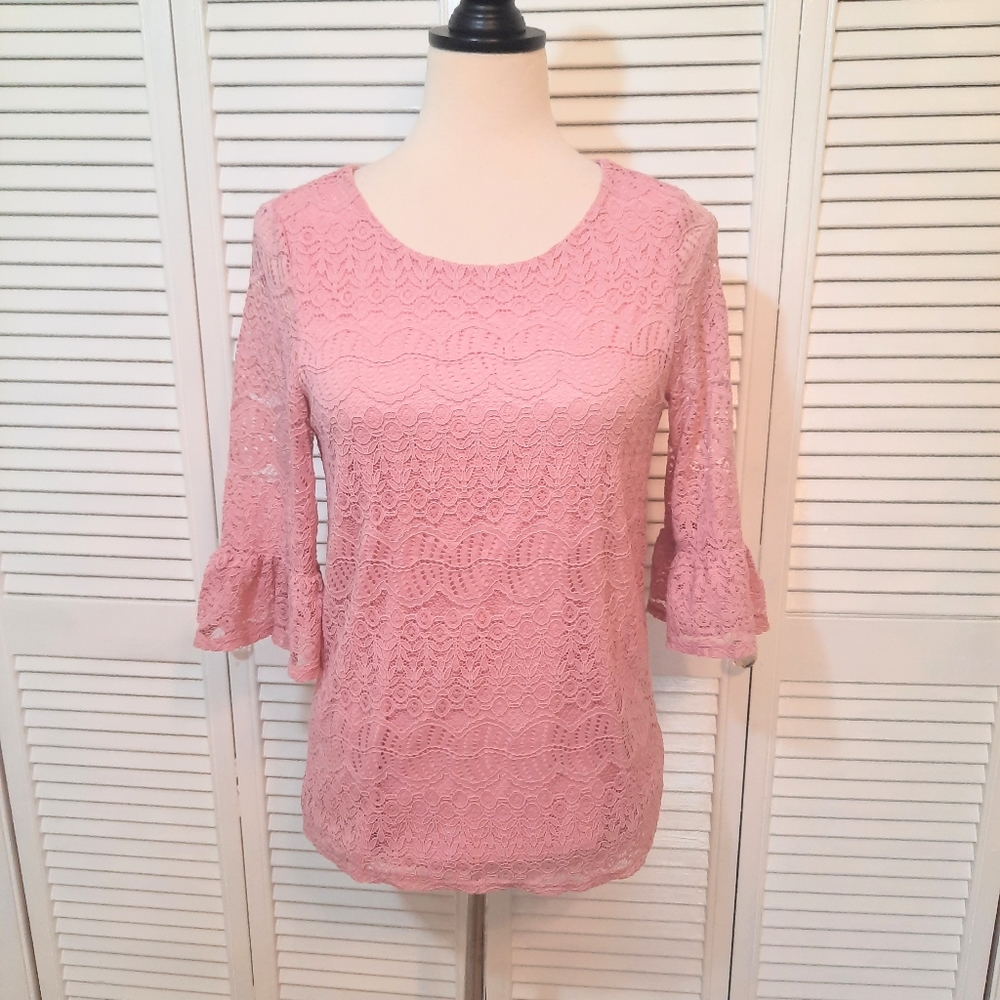 Adrianna papell pink lace bell sleeve top blouse sz small *D3 - Picture 2 of 8